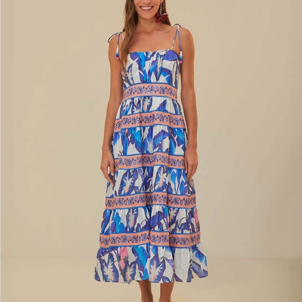 Farm Rio Floral OFF-WHITE BLUE FOLIAGE MIDI DRESS